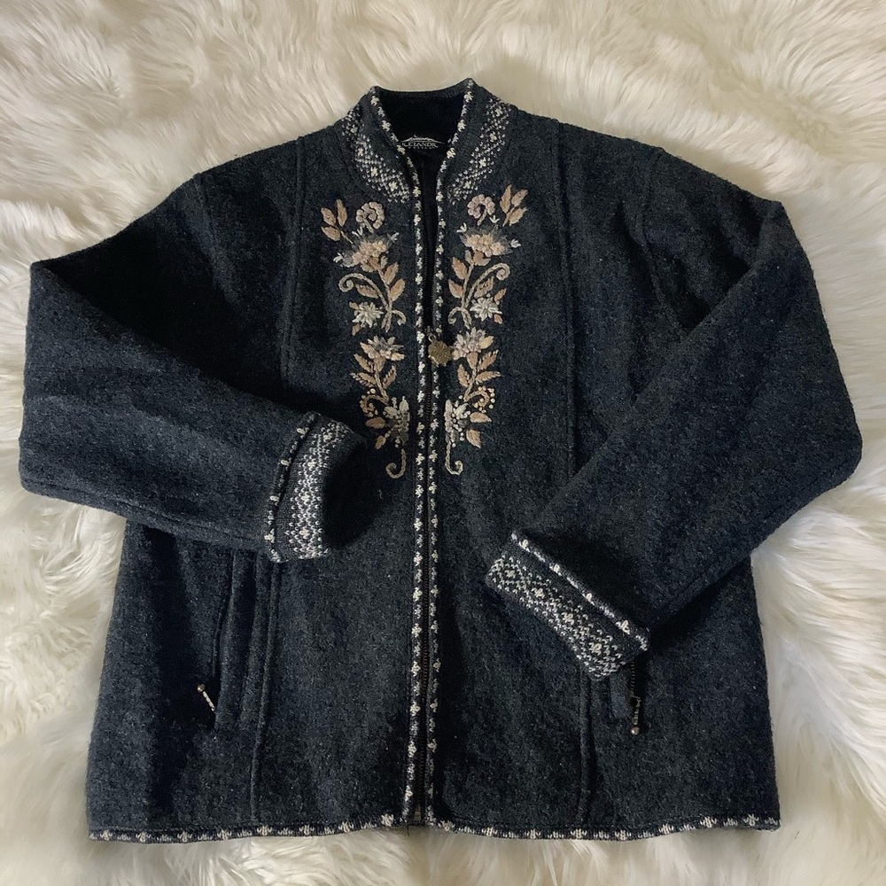 Icelandic Design 100% Wool Full Zip Fair Isle Floral Embroidered Jacket Womens M - Picture 13 of 13